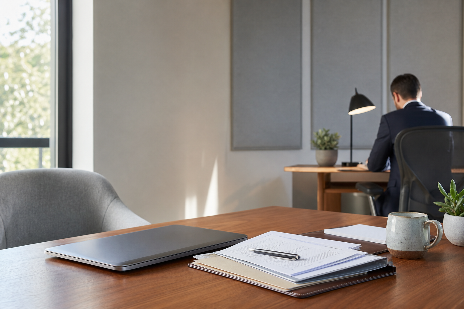 A quiet financial advisory desk with organized documents in soft morning light