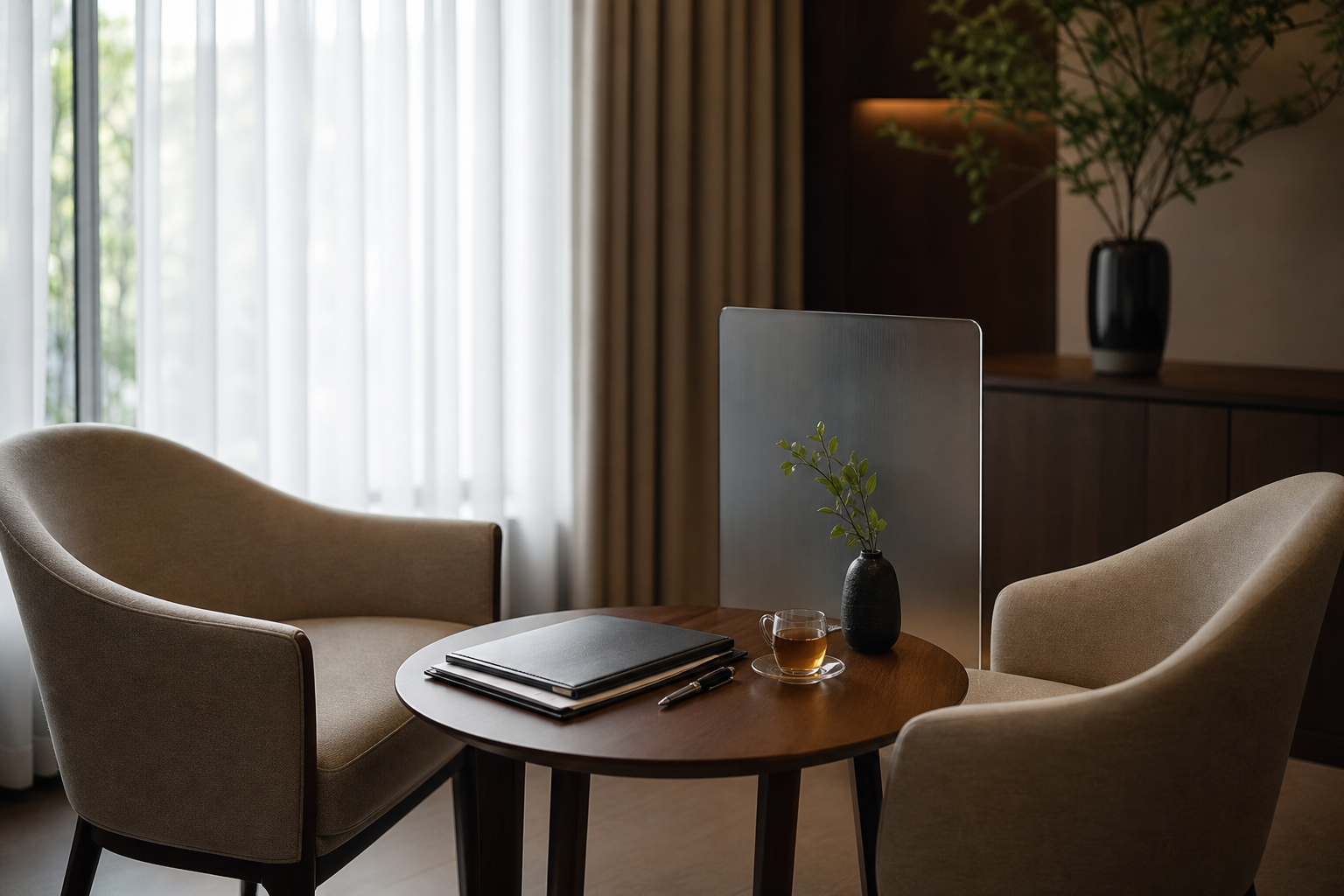 A private financial meeting nook with organized folder and calm natural light