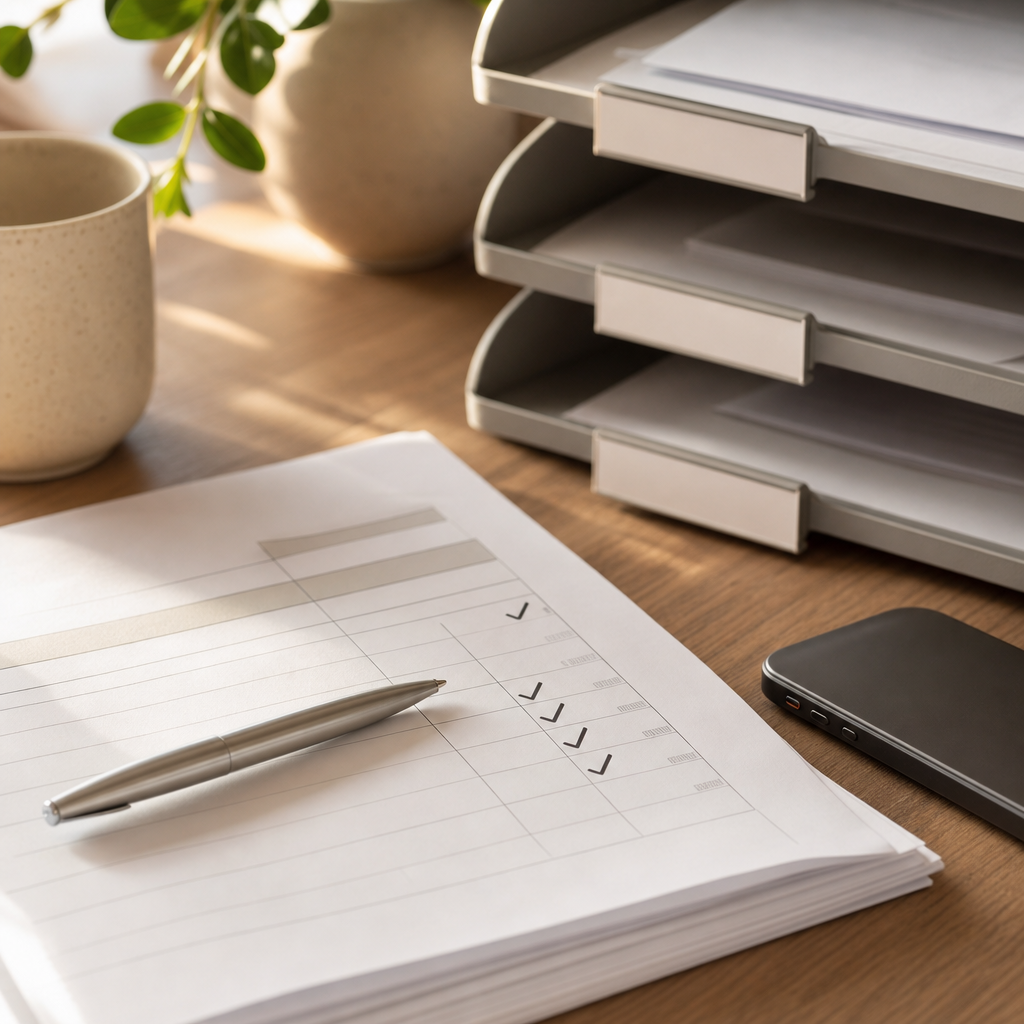 Resolved paperwork, a silent phone, and organized financial materials